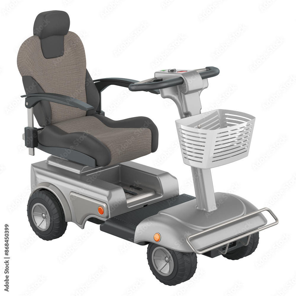 4 Wheel Electric Powered Wheelchair Mobile Device. Powered mobility scooter, 3D rendering isolated on transparent background 4 Wheel Electric Powered Wheelchair Mobile Device. Powered mobility scooter, 3D rendering isolated on transparent background