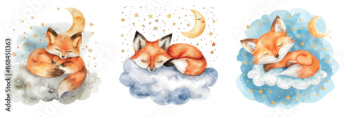 A watercolor illustration depicts a baby fox and balloon sitting on a cloud with stars above it.