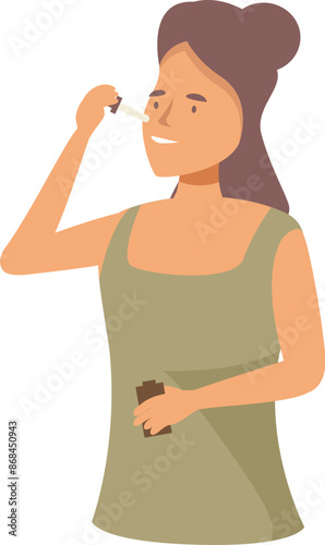 Young woman is carefully applying essential oil to her face, embracing a natural approach to skincare