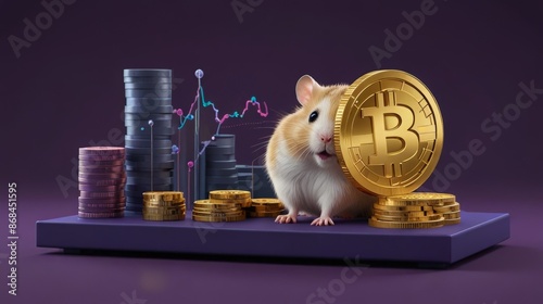 Cartoon hamster on purple platform with Bitcoin coins on Vibrant Pink and Blue Background. Hamster kombat game on cryptocurrency mining, concept of mini games on cryptocurrency earning


 photo