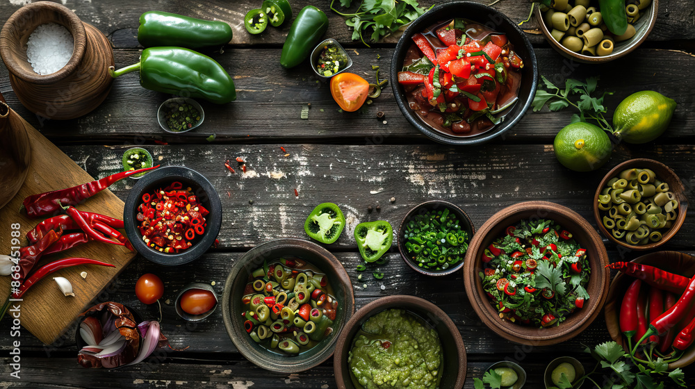 Colorado cuisine, featuring a variety of chili bowls, fresh salsas, guacamole and fresh peppers, tomatoes against a wooden backdrop with copy space. Colorado cuisine, featuring a variety of chili bowls, fresh salsas, guacamole and fresh peppers, tomatoes against a wooden backdrop with copy space.