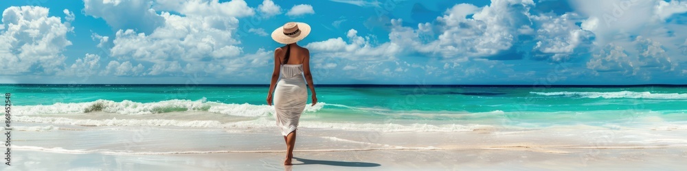 Miami Vacation. Luxury Beach Holiday - Elegant Woman Walking on Caribbean Beach Miami Vacation. Luxury Beach Holiday - Elegant Woman Walking on Caribbean Beach
