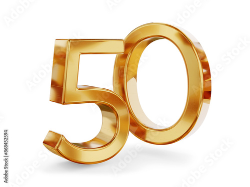 50 fifty, number golden metallic, jublee or years, age and birthday or rate as 3d-illustration, gold colored icon as symbol, isolated photo