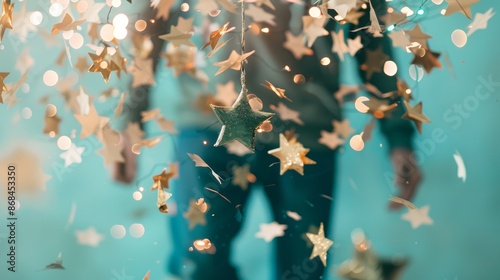 Young Male in Motion at Festive Indoor Christmas Setting with Golden Star and Blurred Lights