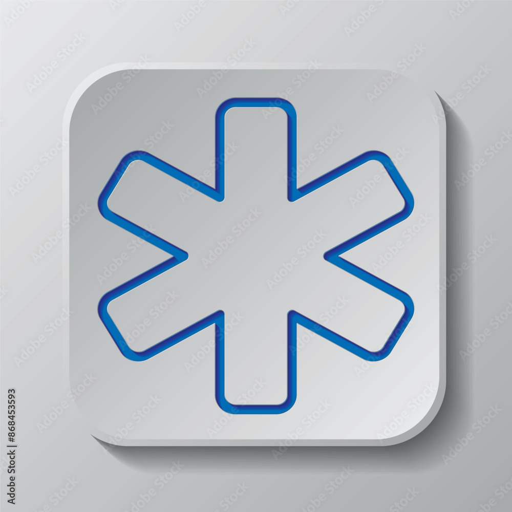 Medical symbol simple icon vector. Flat design. Paper cut design. Cutted blue symbol with shadow. Gray badge button, gray background Medical symbol simple icon vector. Flat design. Paper cut design. Cutted blue symbol with shadow. Gray badge button, gray background