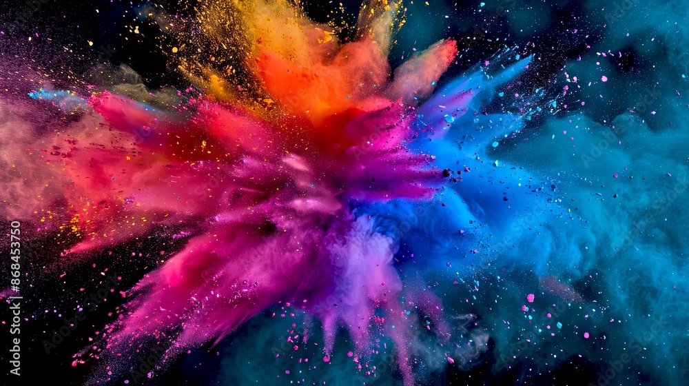 Vivid explosion of colorful powder in mid-air creating a vibrant and dynamic display. Abstract vibrant artwork perfect for creative design. Blue, red, and yellow hues splash across the image. AI Vivid explosion of colorful powder in mid-air creating a vibrant and dynamic display. Abstract vibrant artwork perfect for creative design. Blue, red, and yellow hues splash across the image. AI
