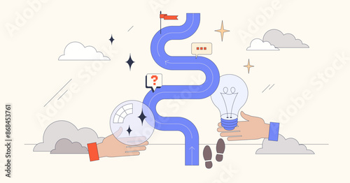 Intuition or future vision with predictions tiny person neubrutalism concept. Business strategy planning and businessman ability to predict right decisions vector illustration. Career path insight.