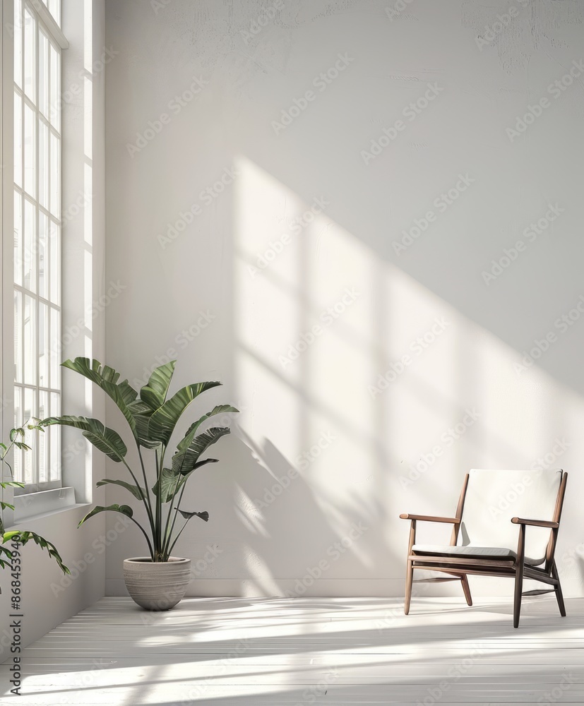 Minimalist interior with white wall, large windows, and natural light 