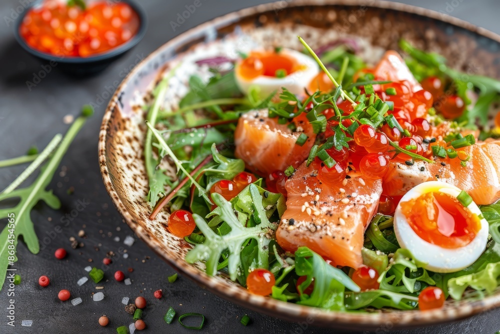 Smoked Salmon Salad, Seafood Dish Salat, Red Caviar, Dried Cherry Tomatoes, Quail Eggs Smoked Salmon Salad, Seafood Dish Salat, Red Caviar, Dried Cherry Tomatoes, Quail Eggs