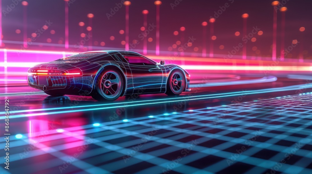 Obraz premium A futuristic car is driving down a road with neon lights in the background