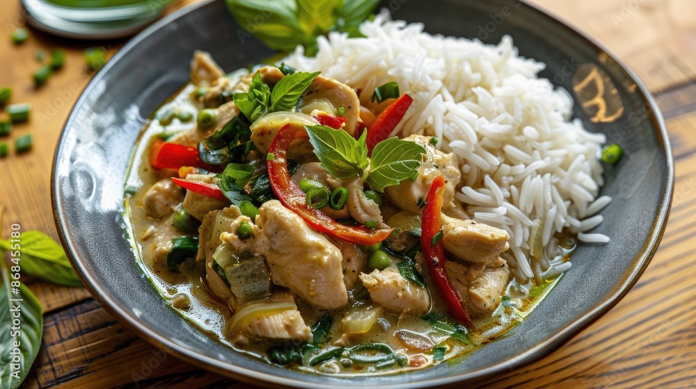 A Thai green curry with chicken and jasmine rice A Thai green curry with chicken and jasmine rice