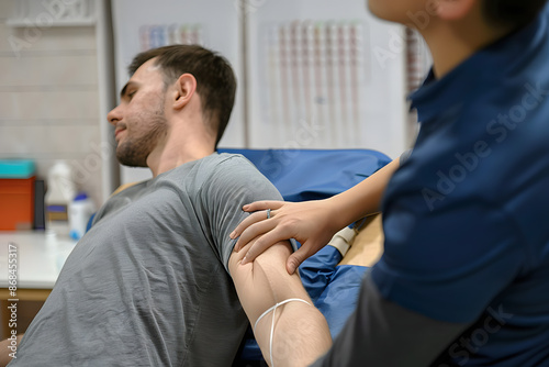 Physiotherapist examining shoulder joint of male patient and checks mobility of movements inside a clinic