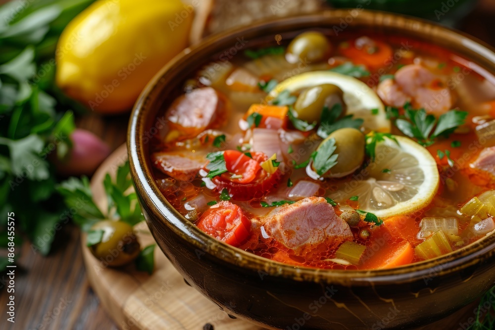Meat Solyanka, Soljanka or Saltwort Soup with Beef, Ham, Sausages, Chicken Breast, Cucumber Pickles Meat Solyanka, Soljanka or Saltwort Soup with Beef, Ham, Sausages, Chicken Breast, Cucumber Pickles