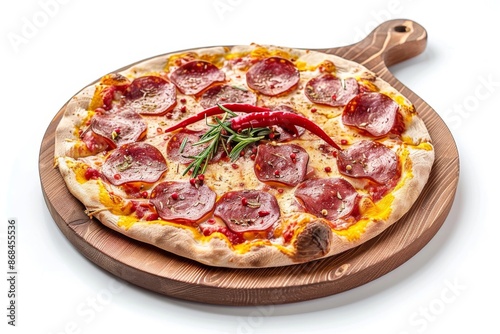 Pepperoni Pizza, Traditional Italian Diabolo Pizza Flatbread on Wood Plate with Salami, Chili Pepper photo