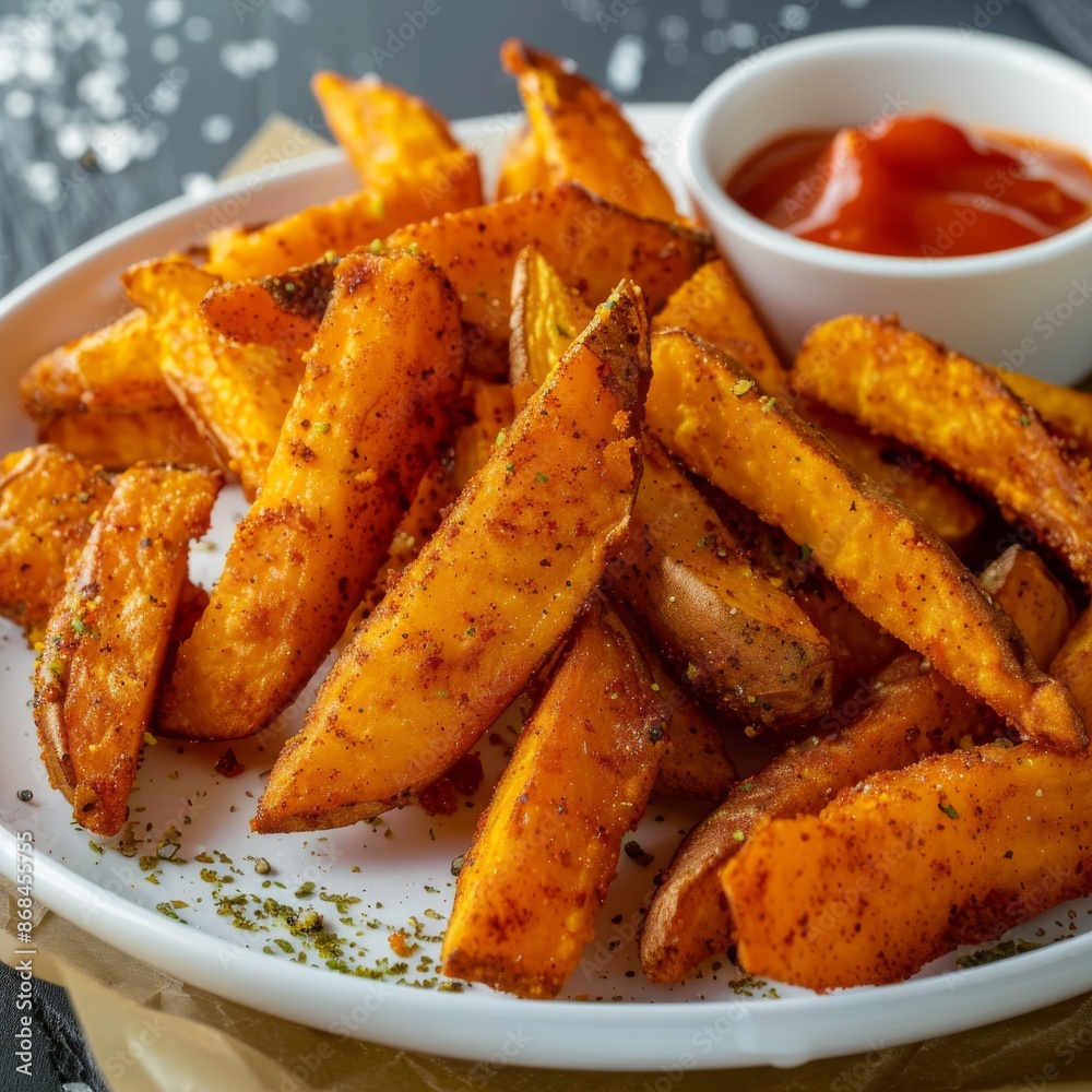 Fries or French Fries with Tomato Sauce, Sweet Potato Finger Chips, Golden French-Fried Potatoes Fries or French Fries with Tomato Sauce, Sweet Potato Finger Chips, Golden French-Fried Potatoes