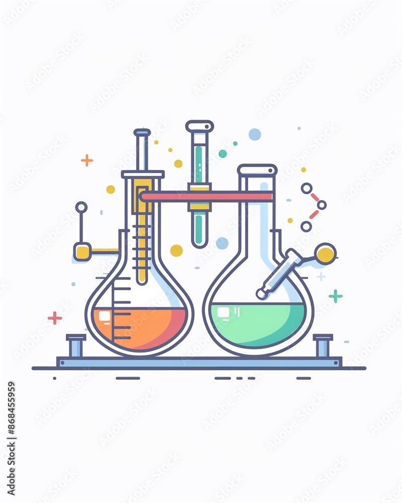 Cartoon lab equipment with bubbling flasks and molecular icons. Science illustration design art isolated on a white background Cartoon lab equipment with bubbling flasks and molecular icons. Science illustration design art isolated on a white background