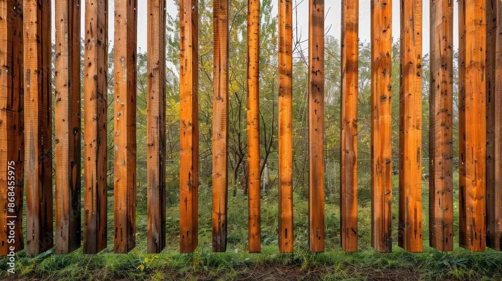 Screen wall composed of vertical wooden beams with varying heights, mimicking the natural irregularity of a forest edge Screen wall composed of vertical wooden beams with varying heights, mimicking the natural irregularity of a forest edge