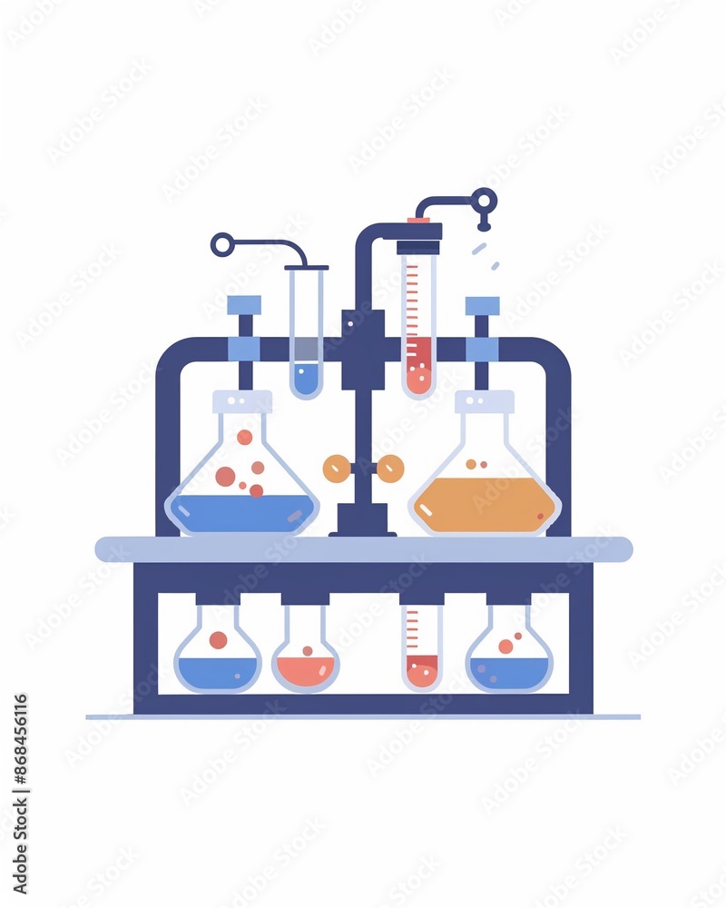 Fototapeta premium Shelf of homogenous and heterogenous chemical solutions in a science lab. Science illustration design art isolated on a white background