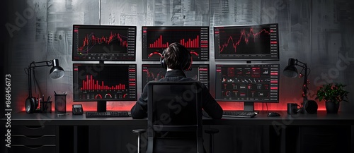 stock exchange desktop with multiple monitors displaying trading charts, candlestick graphs and futuristic strategy business global. data analysis digital engineer data code programmer sourcing data.