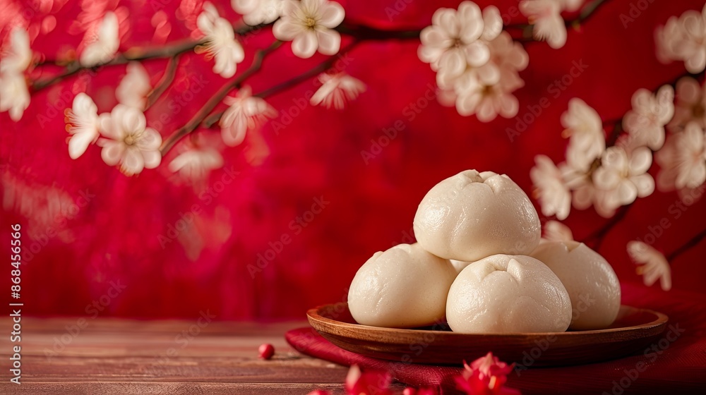 Chinese Steamed Buns with Cherry Blossom Background Chinese Steamed Buns with Cherry Blossom Background