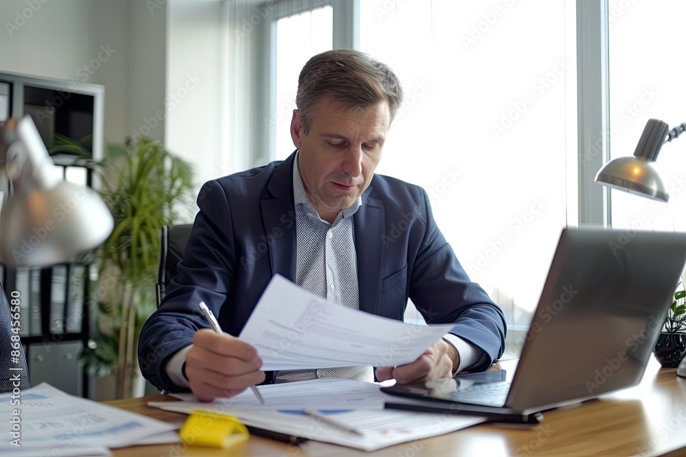 Fototapeta premium Businessman Reviewing Documents at His Desk