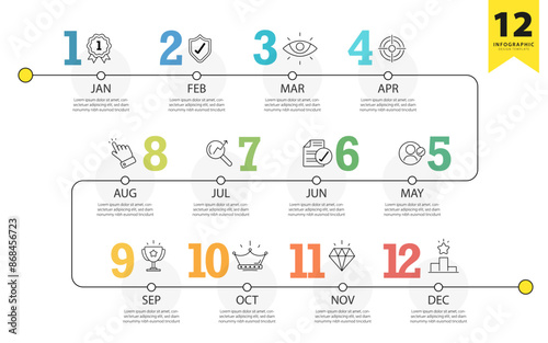 Timeline calendar infographic template. 12 Step timeline journey, Simple flat year plan infographics. Business concept with 12 options, diagram vector illustration.