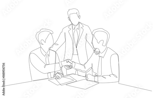 Continuous one line drawing of businessman introducing outsourced employee to his employee to work together, strong business connection, outsourcing to ease workload concept, single line art.