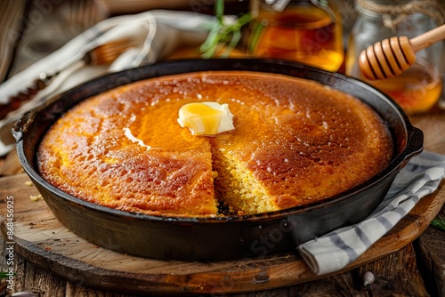 Golden Cornbread with Honey and Butter in a Cast Iron Skillet