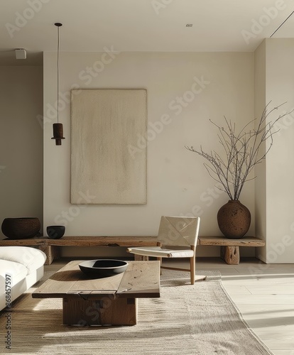 Minimalist interior with white wall, light wood flooring, and minimalist furniture 
