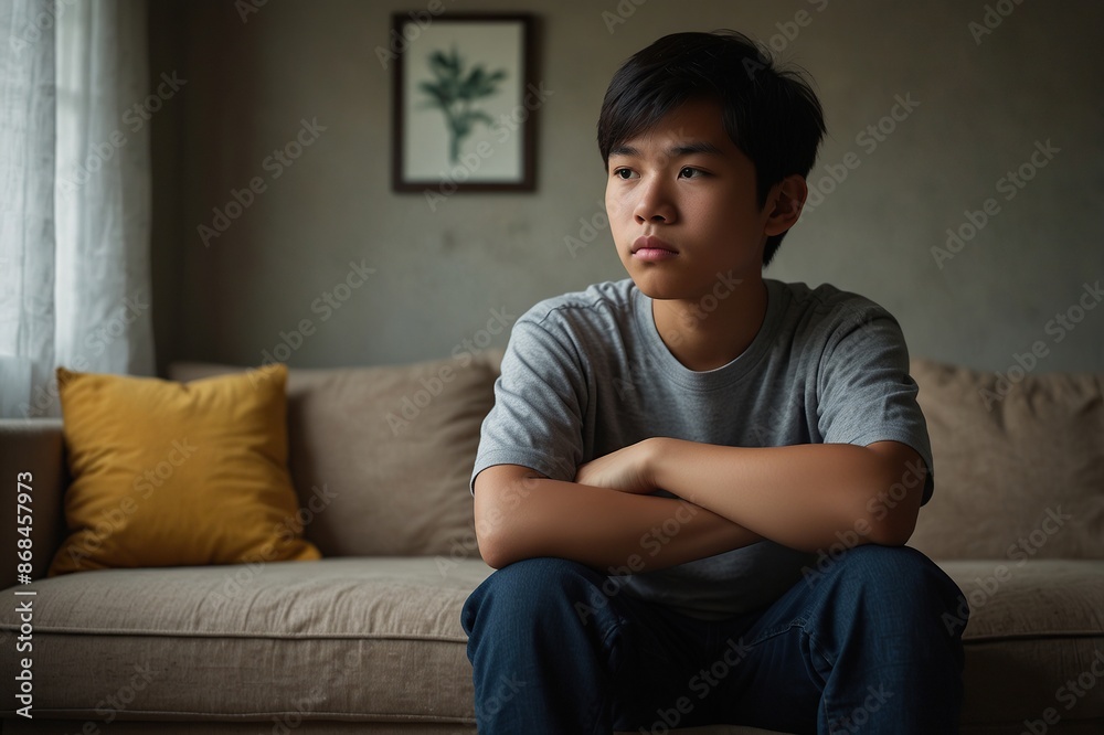 Teenage Asian boy looks sad and contemplative at home, with copy space Teenage Asian boy looks sad and contemplative at home, with copy space