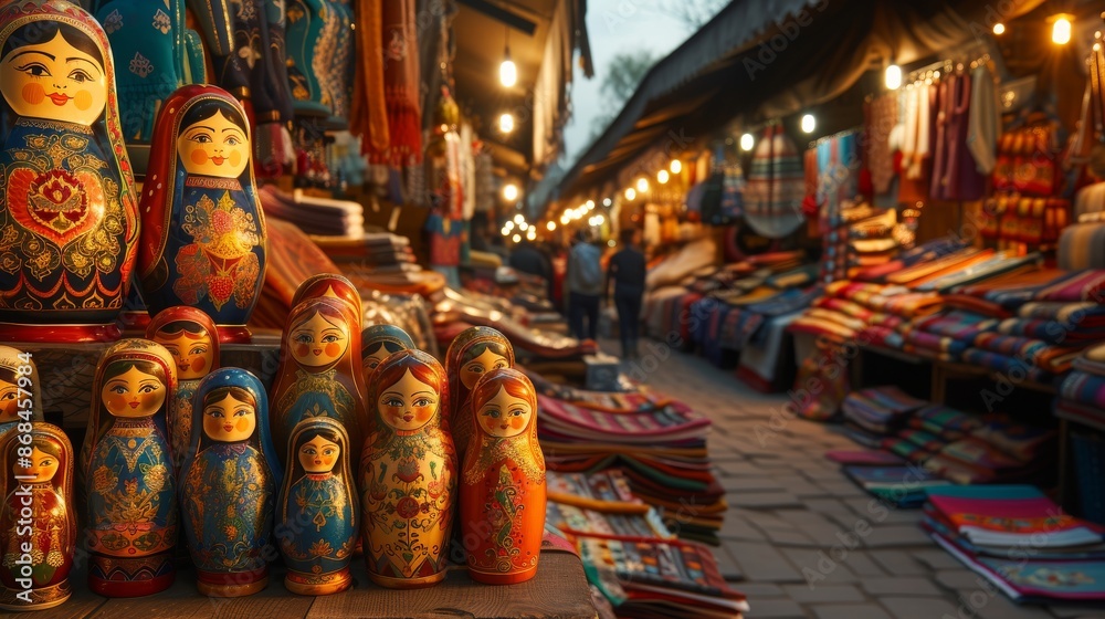 Fototapeta premium A Group of Russian Dolls Are Displayed on a Table in Front of Many Colorful Cloths - Generative AI