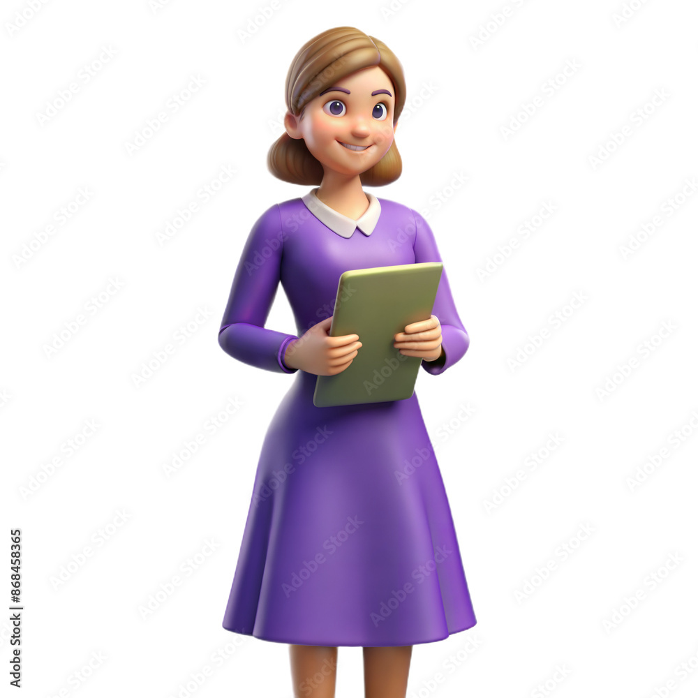 3D Cartoon Woman Holding a Tablet in Purple Dress 3D Cartoon Woman Holding a Tablet in Purple Dress