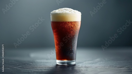 Product photo of nitro cold brew coffee, on slate surface, isolated on dark background. studio lighting. 