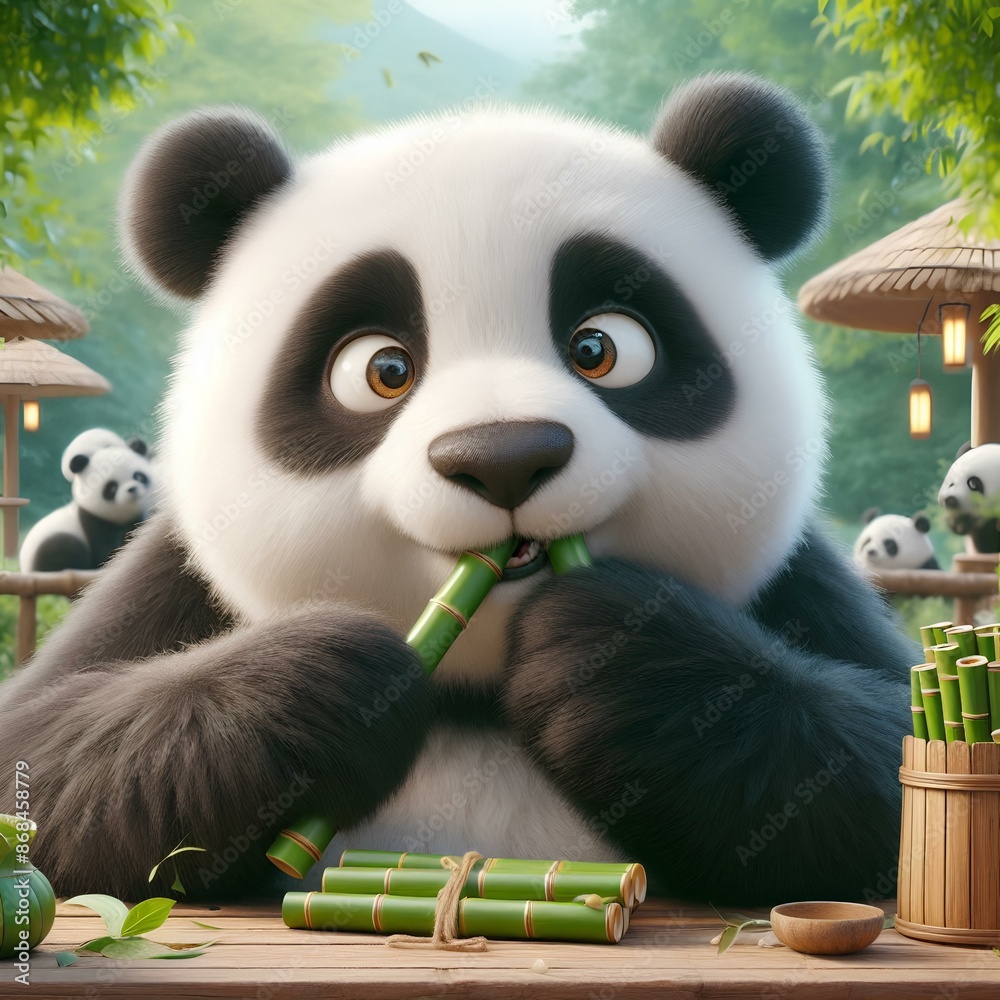 Funny giant panda bear eating bamboo. Funny giant panda bear eating bamboo.