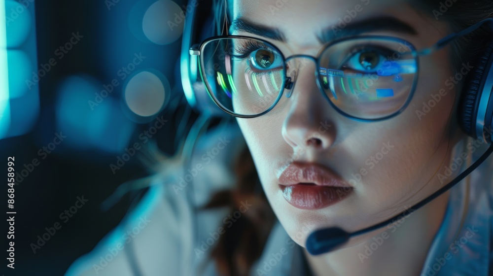 Young IT specialist, young woman with glasses and headset working at computer.