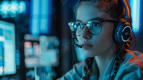 Young IT specialist, young woman with glasses and headset working at computer.