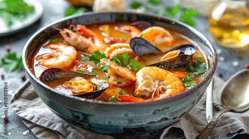 French bouillabaisse seafood stew in a bowl