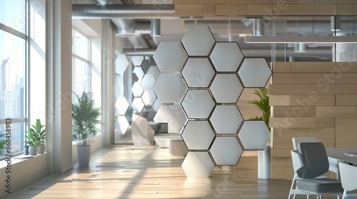 Screen wall designed with modular hexagonal panels that can be reconfigured for varying privacy levels photo