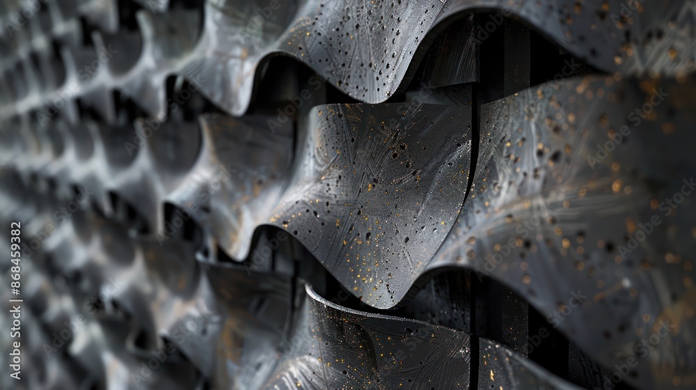 Screen wall designed with stacked layers of recycled rubber, providing an eco-friendly and textured barrier Screen wall designed with stacked layers of recycled rubber, providing an eco-friendly and textured barrier