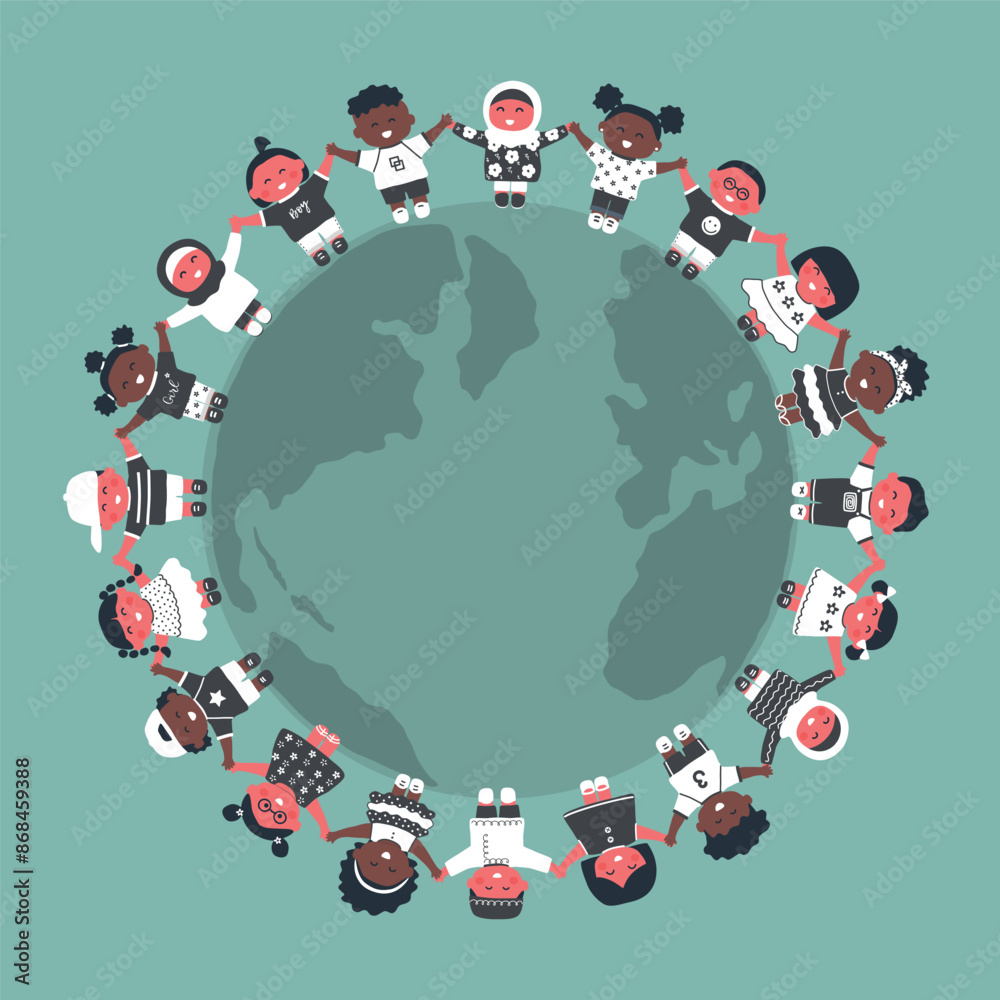 Fototapeta premium Kids around the Globe. Multicultural group of Children Holding Hands, stand around the Planet Earth. Happy Baby Girls, Baby Boys. International Children's Day. Earth Day. Vector illustration.