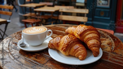 French croissants with a cup of coffee on a Parisian caf table