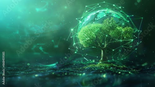 Green tree representing network electronic communication. Concept of modern technologies