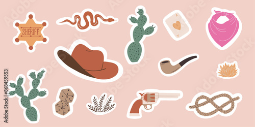 Collection of cowboy theme stickers pack. Cowboy hat, lasso, cactus, snake, sheriff badge, handgun, dice, cards, bandana. Wild west, western design. Hand drawn vector set