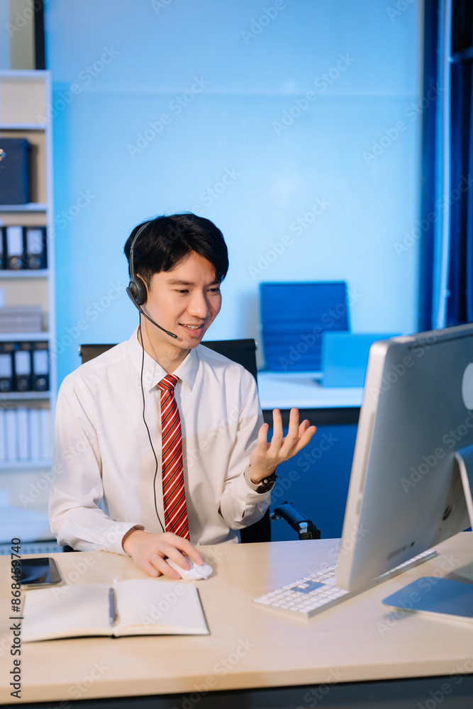 Serious call center operator in wireless headset talking with customer, Asian man with microphone consulting client on phone in customer support service Serious call center operator in wireless headset talking with customer, Asian man with microphone consulting client on phone in customer support service