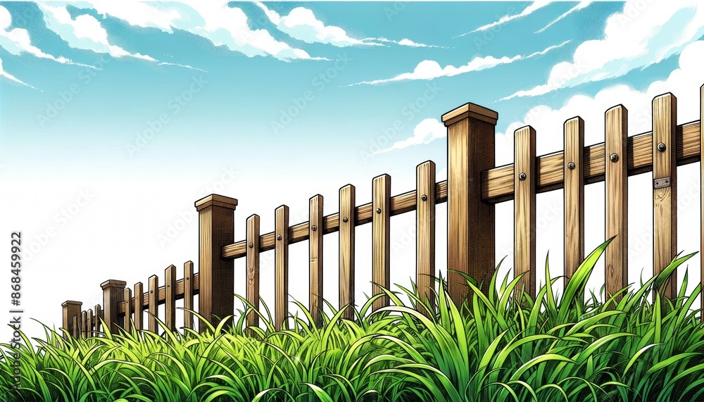 Fototapeta premium Wooden fence in grassy field