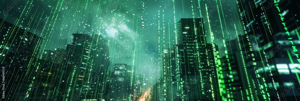 Artificial Intelligence, cyberpunk-inspired green matrix code falling like digital rain, illustrating the innovative and futuristic side of AI Artificial Intelligence, cyberpunk-inspired green matrix code falling like digital rain, illustrating the innovative and futuristic side of AI