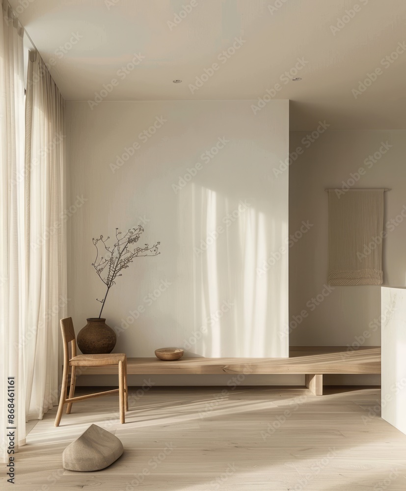 Minimalist interior with white wall, light wood tones, and minimalist furniture Minimalist interior with white wall, light wood tones, and minimalist furniture