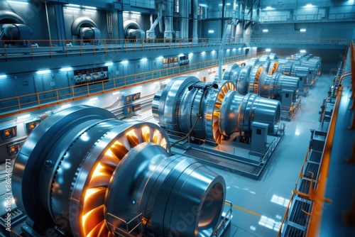 Modern industrial factory interior with large turbines and advanced machinery. High-tech manufacturing, power generation, and engineering.