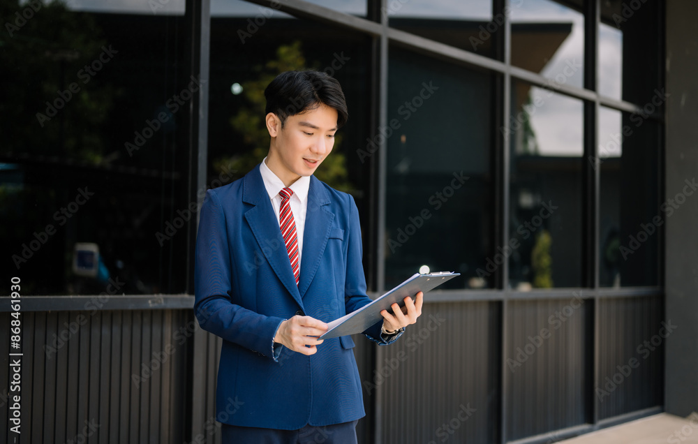 Fototapeta premium Successful Businessman in suit using tablet outdoors. Perfect for corporate, technology, and professional themes