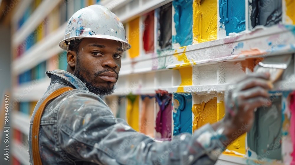 A painter in a hard hat and work clothes stands in front of a wall of paint colors, holding a brush. He looks intently at the camera. A painter in a hard hat and work clothes stands in front of a wall of paint colors, holding a brush. He looks intently at the camera.